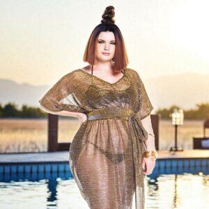 JIBRI V-Neck Metallic Sheer Accordion Maxi Dress Sz 3 (22/24W)
